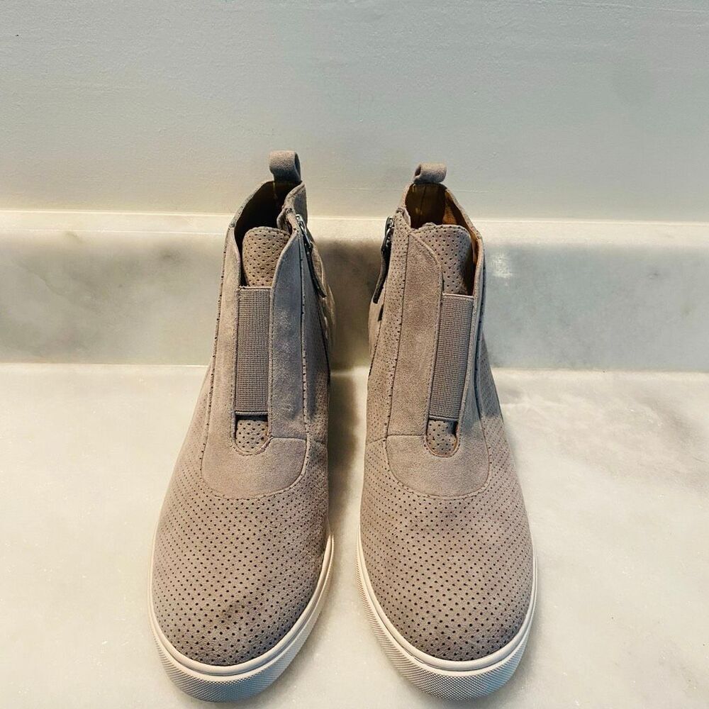 Linea Paolo Perforated Suede Wedge Felicia Sneaker Bootie Taupe Size 7.5